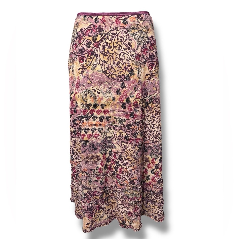 J. JILL Purple & Tan Paisley Mesh Maxi Skirt Tiny Ruffle Detail Y2K